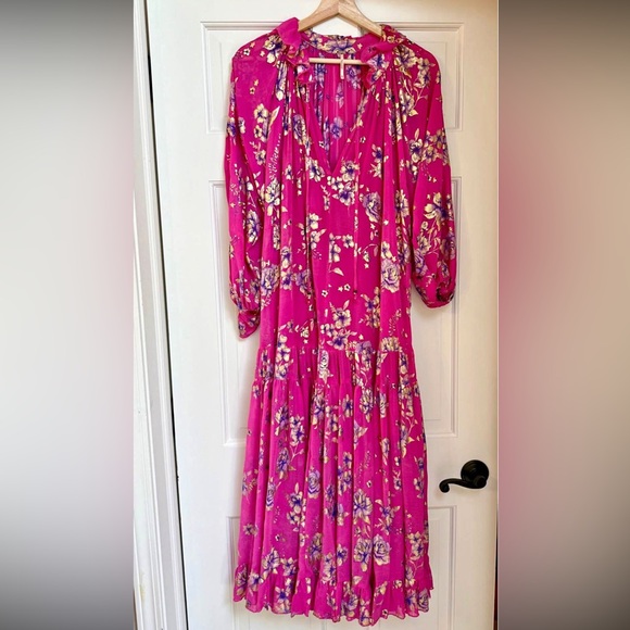 Free People Dresses & Skirts - Free People Feeling Groovy Floral Maxi Foil Dress Bright Pink